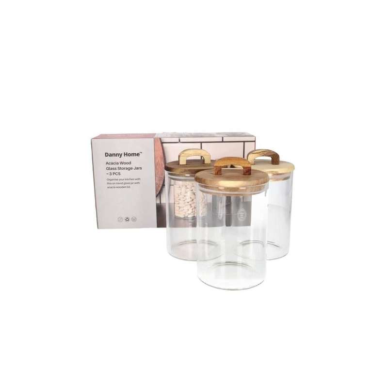 Clear Round Glass Cereal Storage Jar With Acacia Wood Lid 3Pcs 800Ml 17Cm