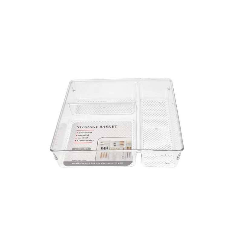 Clear Square Plastic 3 Compartment Cutlery Storage Drawer Organizer 23Cm