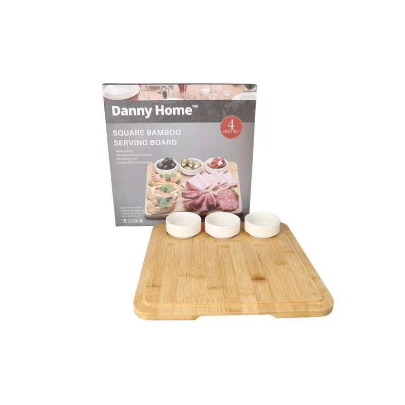 Danny Home Bamboo Board Ceramic Bowls Serveware Set 4Pcs 29Cm