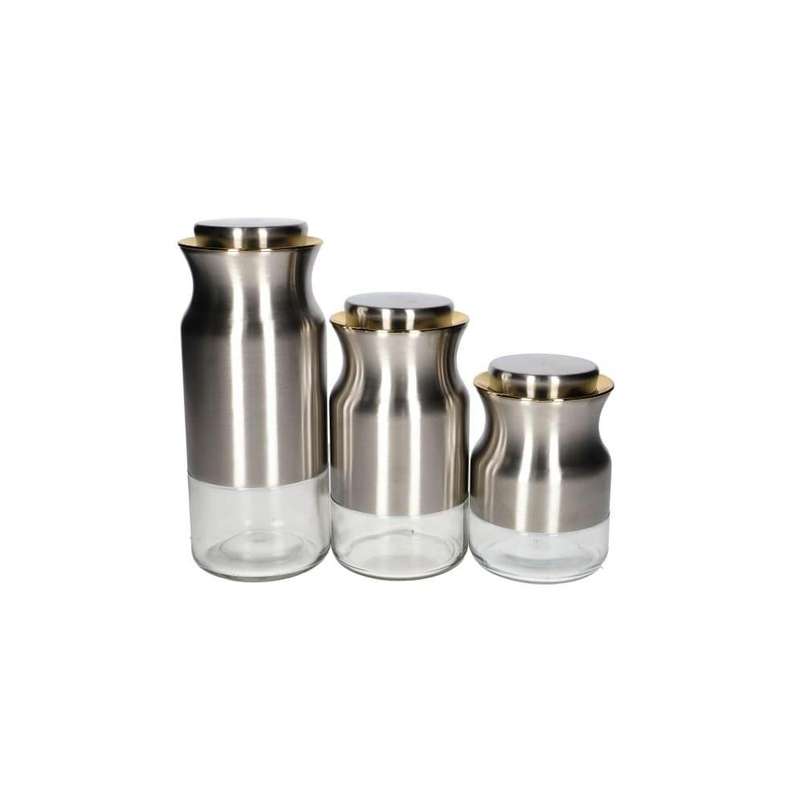 Silver Glass Stainless Steel Canister Storage Bottle Set 3Pcs