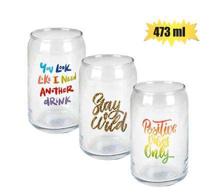GLASS TUMBLER CAN SHAPE WITH PRINT 473ml