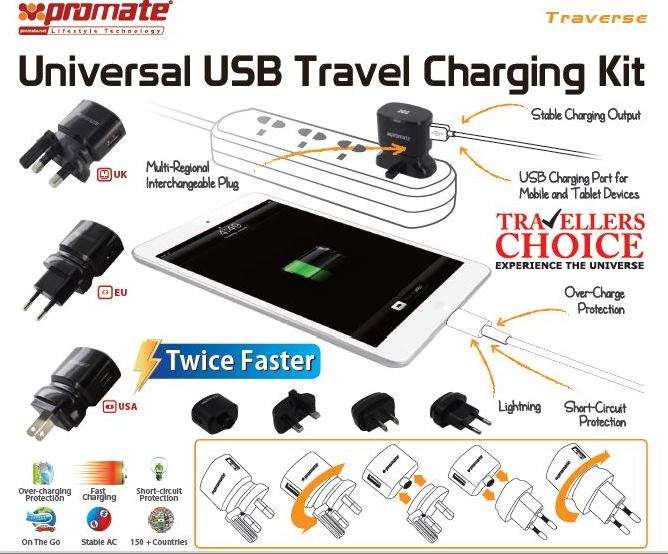 Promate Traverse Multiregional Travel USB Charger-White
