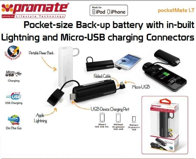 Promate pocketmateLT Pocket-size Back-up battery with in-built Lightning and Micro-USB charging B...