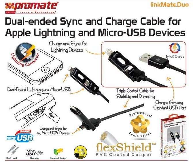 Promate linkMate.Duo Dual-ended Charge and Sync cable for Apple Lightning and Micro-USB Devices