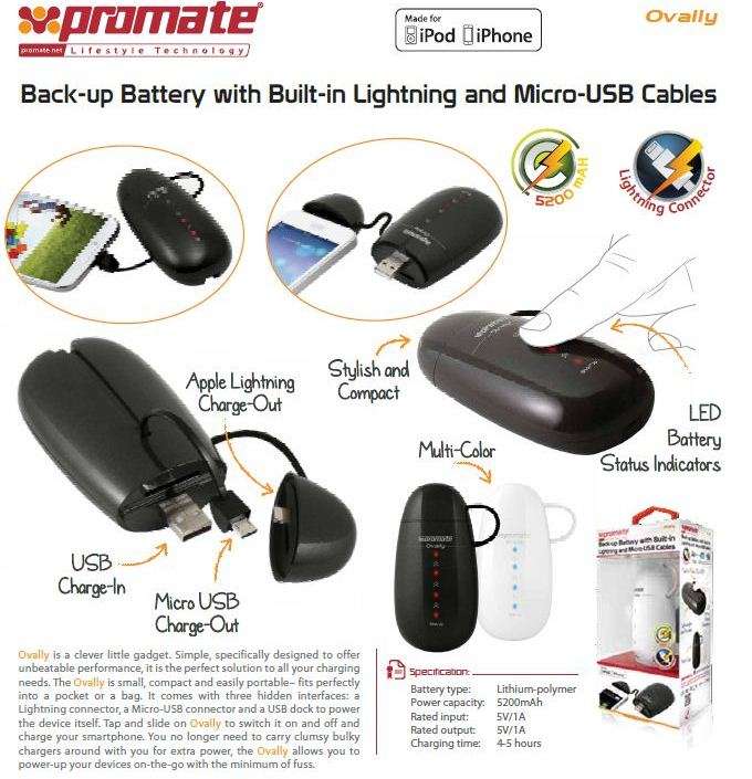 Promate Ovally White 5200mah Portable Back-Up Battery With In-Built Apple Lightning And Micro-USB...