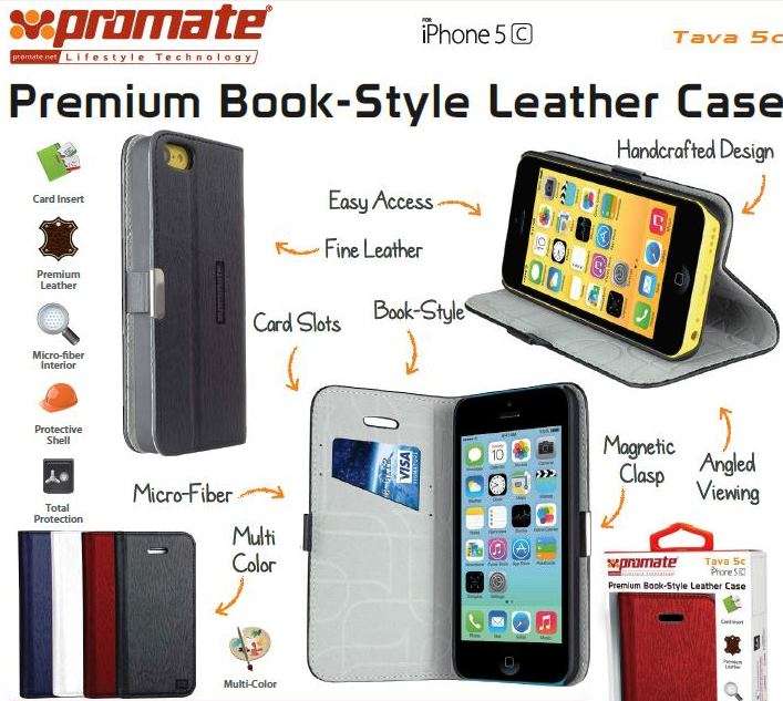 Promate Tava 5C Book-Style Flip Case with Card Slot for iPhone 5c Colour White
