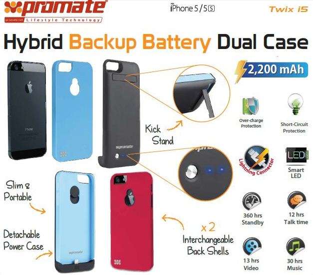 Promate Twix.i5-Hybrid Backup battery Dual case for iPhone5/5s-Blue