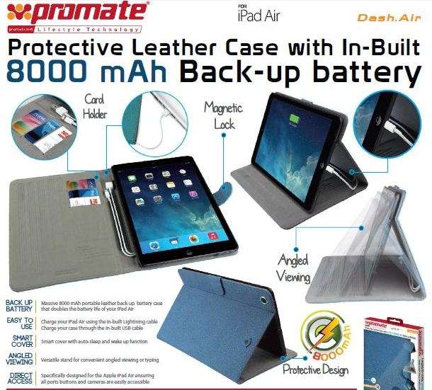 Promate Dash-Air Protective Leather Case with In-Built 8000 mAh Back-up battery-Blue