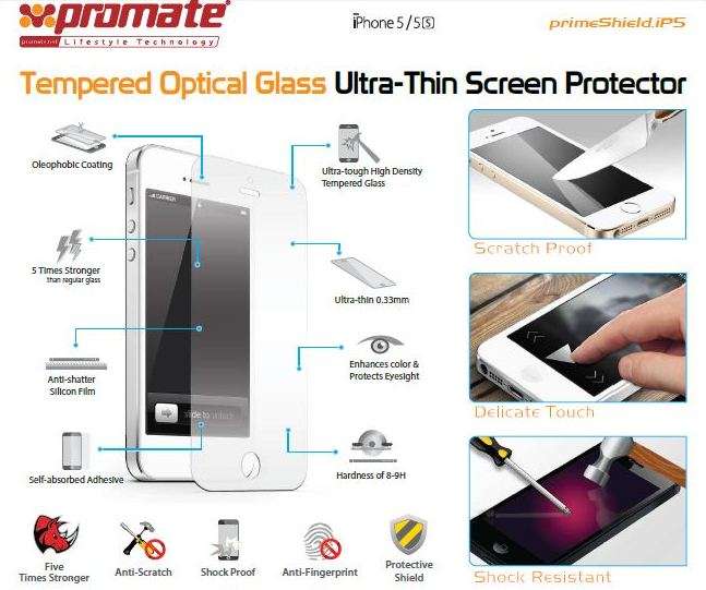 Promate Primeshield IP5 Premium Ultra-Thin Tempered Optical Glass Screen Protector for iPhone 5