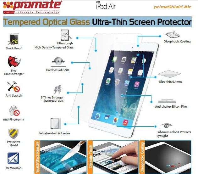 Promate Primeshield.AIR Premium Ultra-Thin Tempered Optical Glass Screen Protector for iPad Air