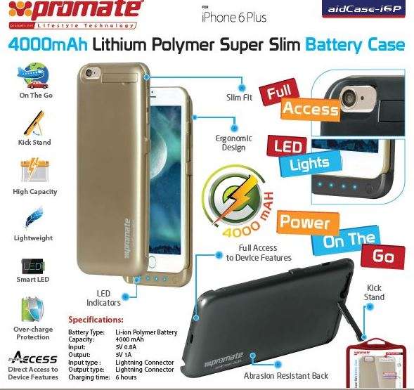 Promate aidCase-i6P 4000mAh Lithium Polymer Super Slim Battery Case - Gold