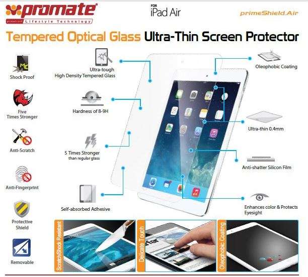 Promate primeShield Air-Ultra-Thin Tempered Optical Glass Screen Protector for iPad Air