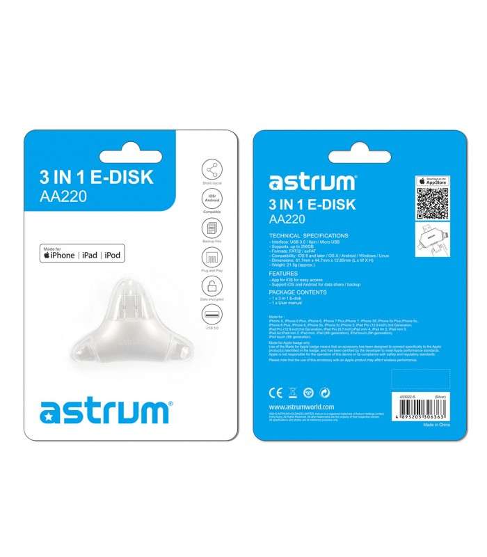 Astrum AA220 3 in 1 E-Disk Multi-Function Card Reader Silver