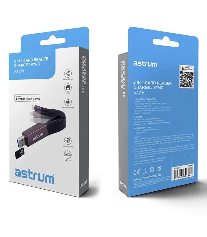 Astrum AA230 2 in 1 8pin to USB 3.0 Charge &amp; Sync Card Reader Black