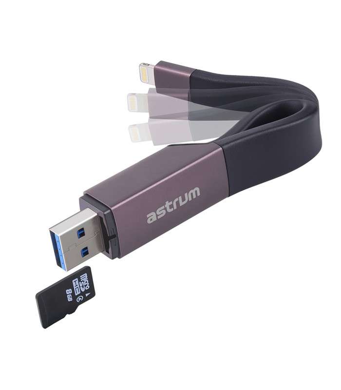 Astrum AA230 2 in 1 8pin to USB 3.0 Charge &amp; Sync Card Reader Black