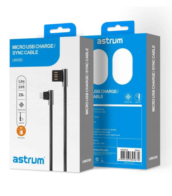 Astrum UD350 Reversible USB 2.0 A to Micro USB 5P Charge &amp; Sync Cable 90° Black