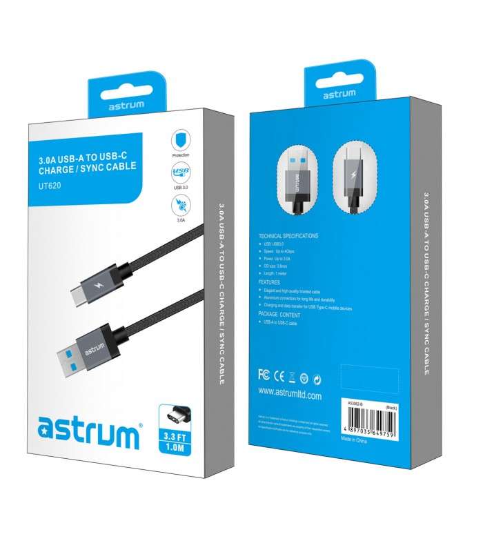 Astrum UT620 USB 3.0-A to USB-C Charge &amp; Sync Cable Black