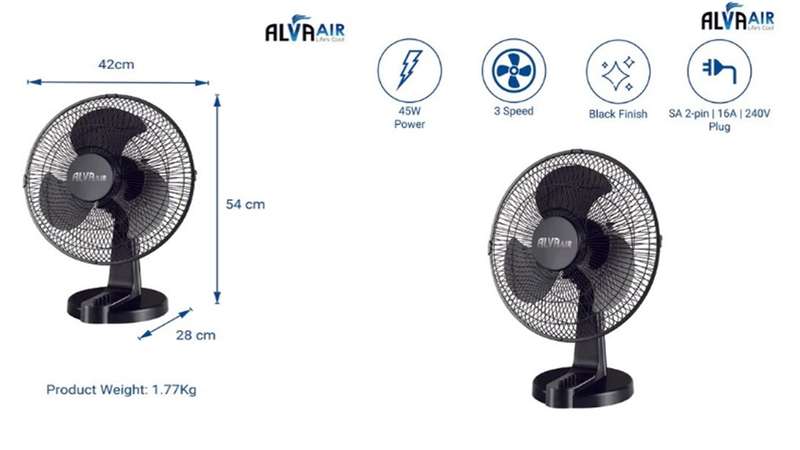 Alva 40cm Plastic Desk Fan Black 45w