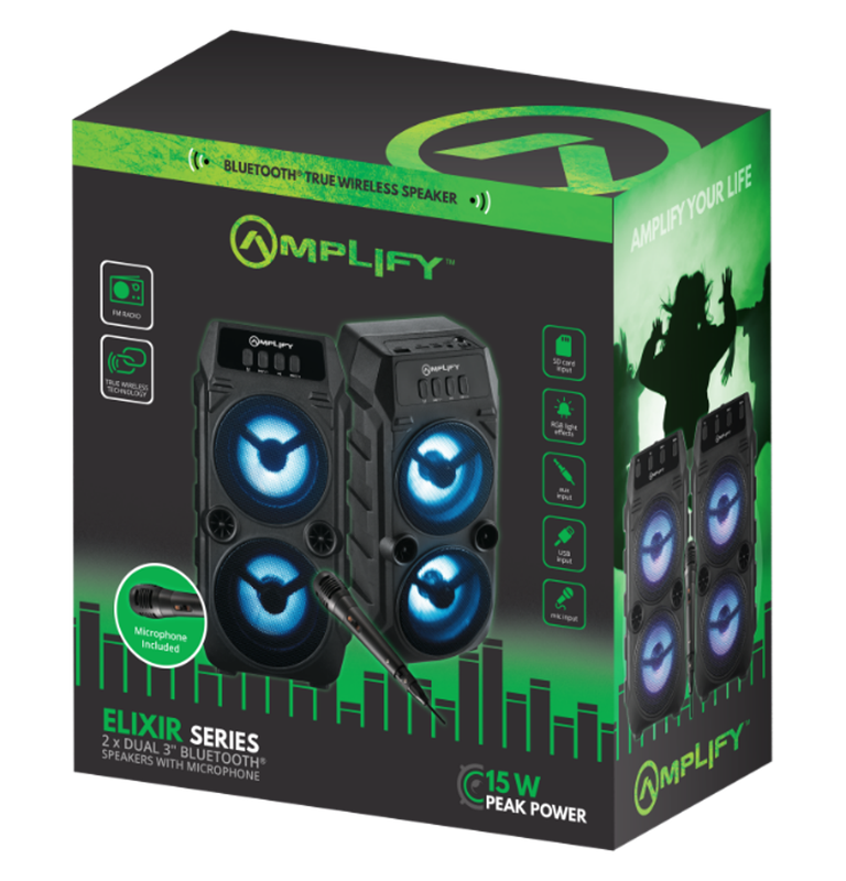 2 x Amplify Elixir Series Dual 3 inch Bluetooth Speaker with 1 x Wired Microphone