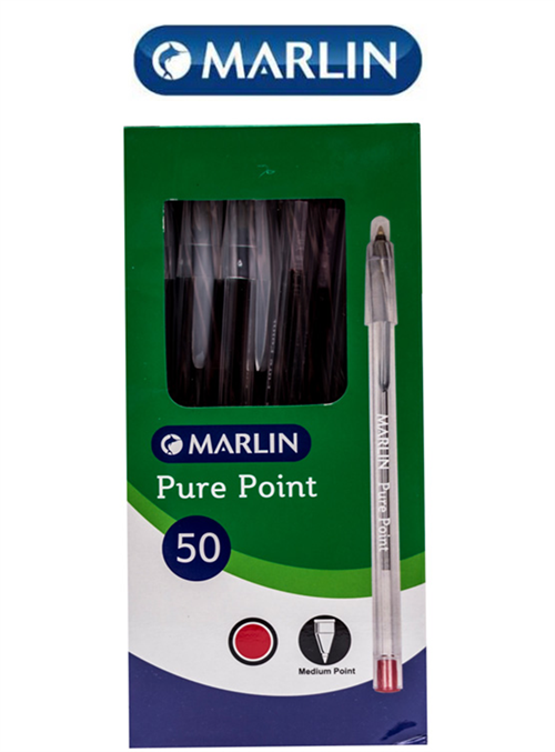 Marlin Pure Point Transparent Pens Box of 50 Colour: Red, Retail Packaging, No Warranty
