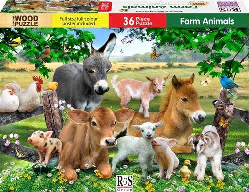 RGS 36 Piece A4 Wooden Puzzle Farm Animals-Interlocking Pieces 210 x 297mm, Each Puzzle Contains ...
