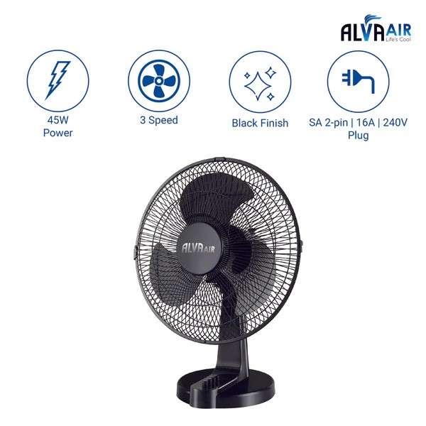 Alva 40cm Plastic Desk Fan Black 45w