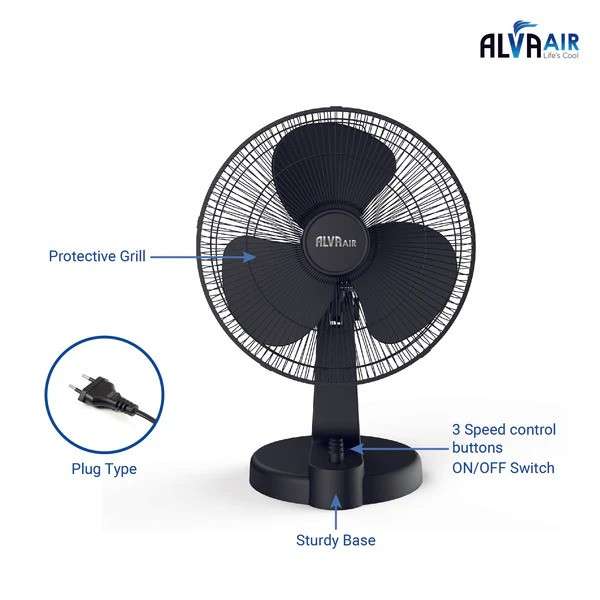 Alva 40cm Plastic Desk Fan Black 45w