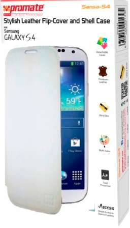 Promate Sansa-S4 Stylish Leather Flip-Cover and Shell Case for Samsung Galaxy S4-White Retail Box...