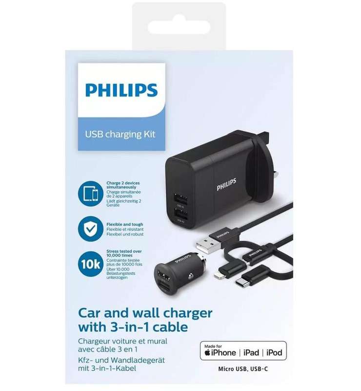 Philips USB Car and Wall Chargers with 3 in 1