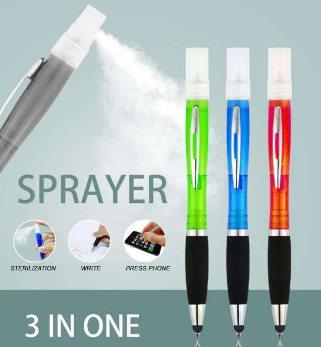 Geeko 3 in 1 Sanitizer Spray Stylus and Blue ink Pen- 3 Functions-Refillable Sanitizer Container ...