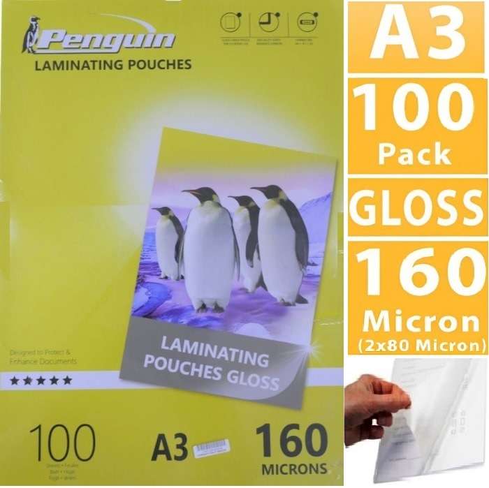 Penguin A3 Laminating Gloss Pouches 100pcs Pack 160 Microns