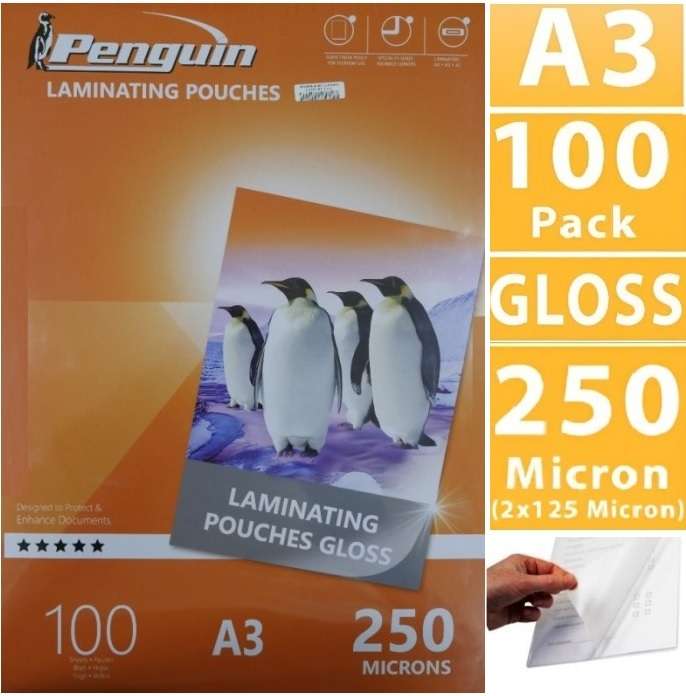 Penguin A3 Laminating Gloss Pouches 100pcs Pack 250 Microns