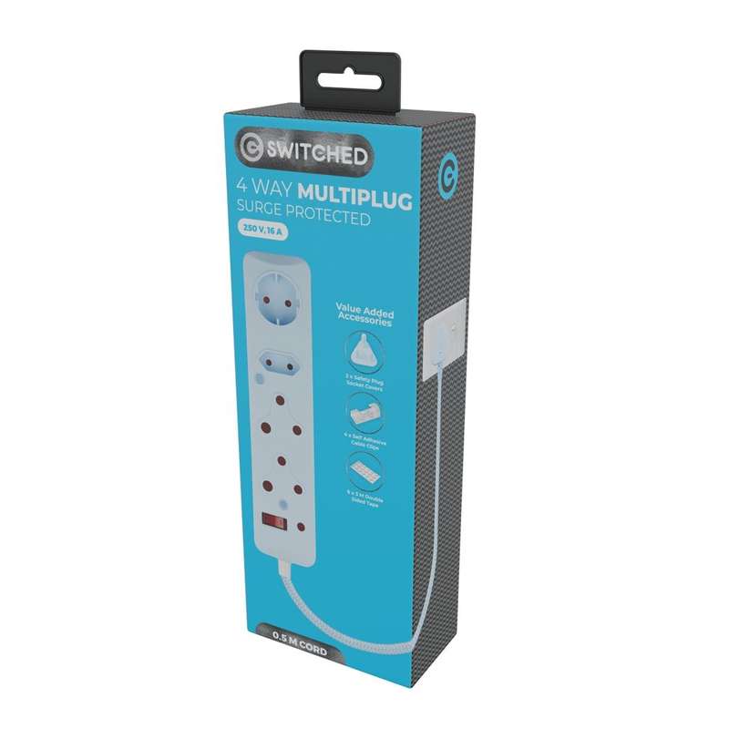 SWITCHED 4 Way Medium Surge Protected Multiplug 0.5M Braided Cord Blue