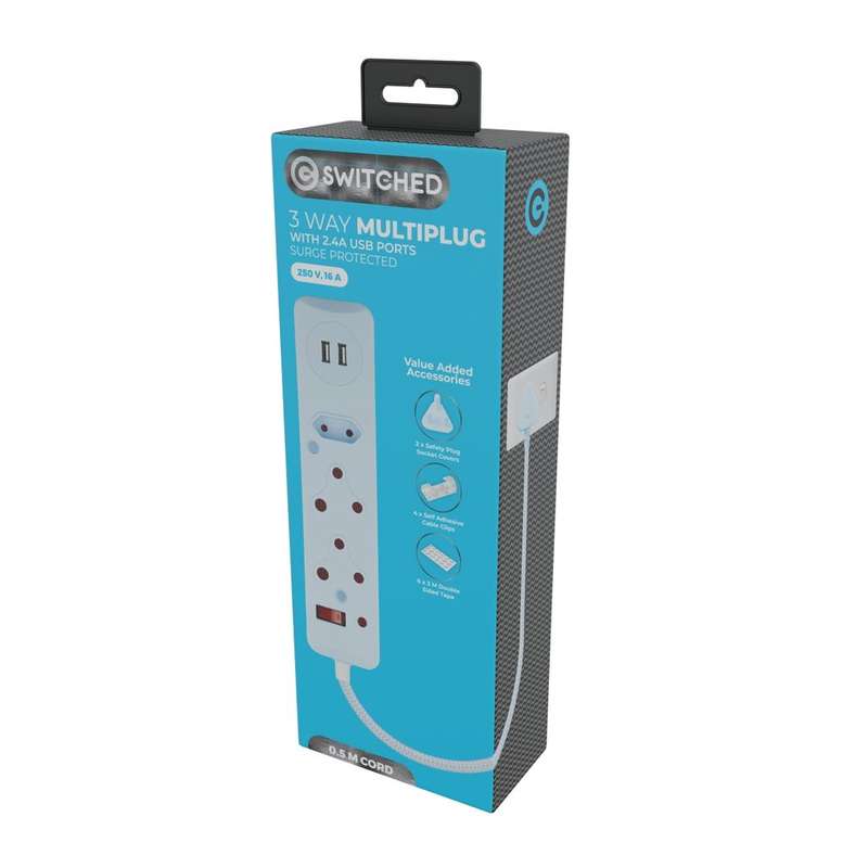 SWITCHED 3 Way Medium Surge Protected Multiplug with Dual 2.4A USB Ports 0.5M Braided Cord Blue