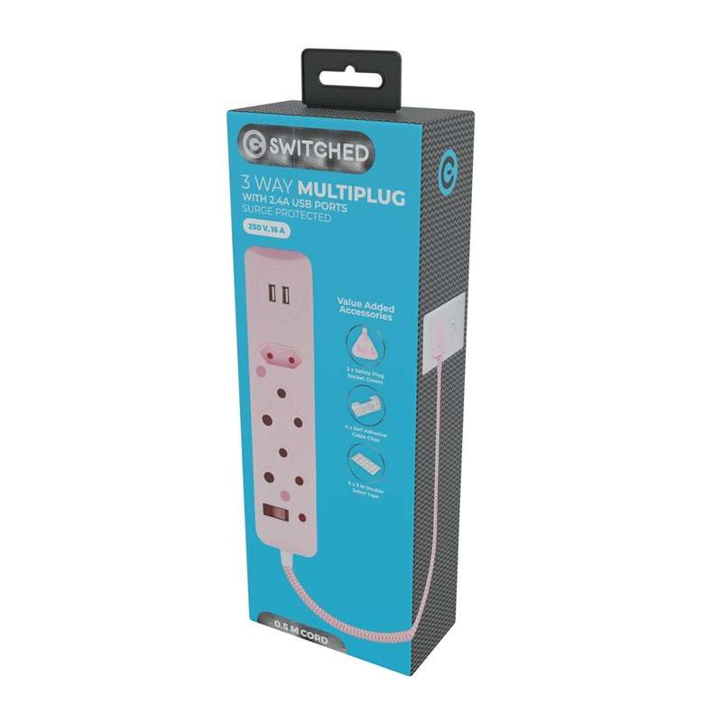 SWITCHED 3 Way Medium Surge Protected Multiplug with Dual 2.4A USB Ports 0.5M Braided Cord Pink