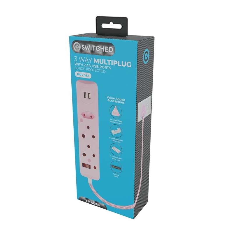SWITCHED 3 Way Surge Protected Multiplug with Dual 2.4A USB Ports 3M Braided Cord Pink