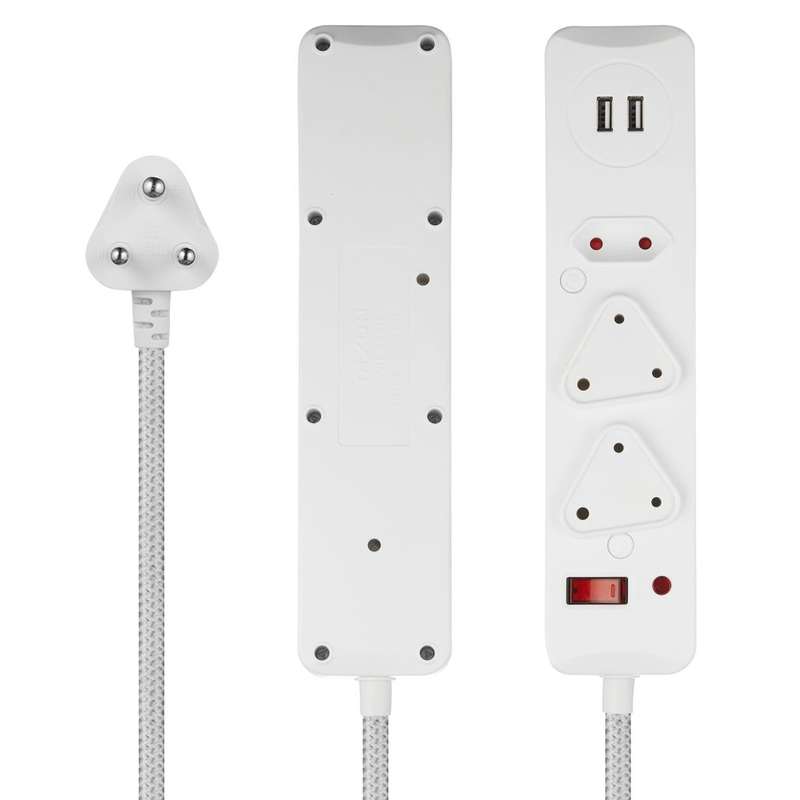 SWITCHED 3 Way Surge Protected Multiplug with Dual 2.4A USB Ports 3M Braided Cord White