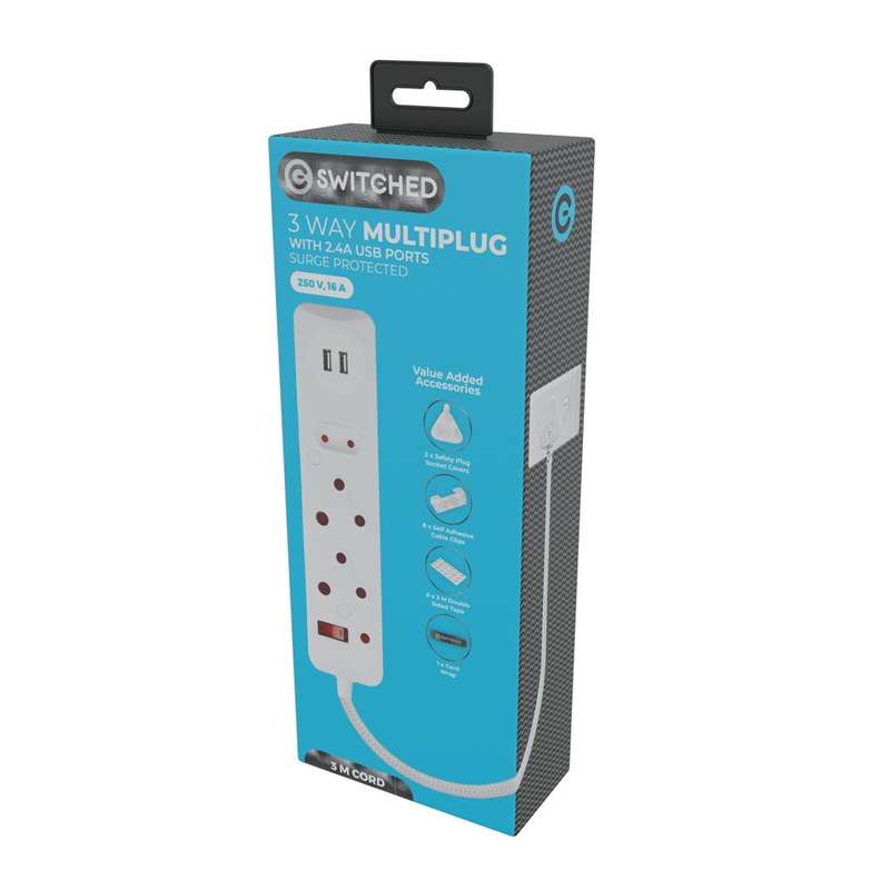 SWITCHED 3 Way Surge Protected Multiplug with Dual 2.4A USB Ports 3M Braided Cord White
