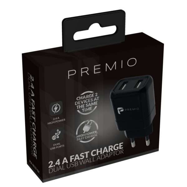 Premio 2.4 Amp Dual wall Charger - Black