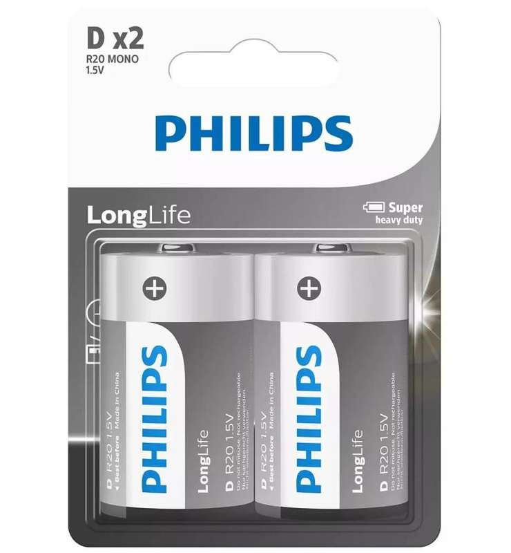 Philips LongLife Battery D 2 Pack - R20L2B/40