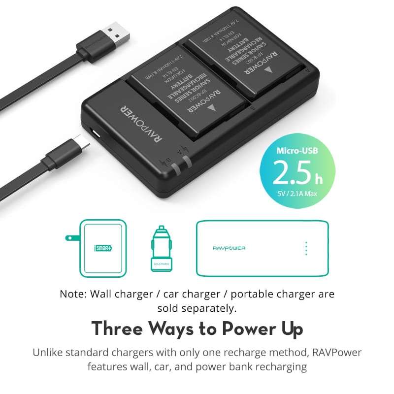 RAVPOWER 2x 1000mAh Replacement Batteries for Nikon EN-EL14(A) with Charger Set Black