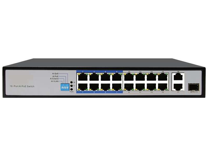 16 Port Fast Ethernet AI PoE Switch 2GE/1SFP Uplink