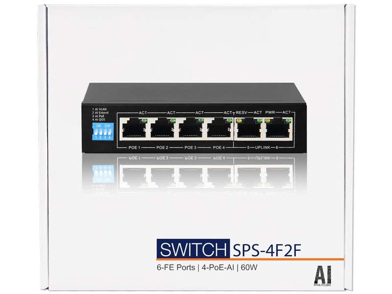 6 Port Fast Ethernet Switch with 4 AI PoE Ports and 2 FE Uplink