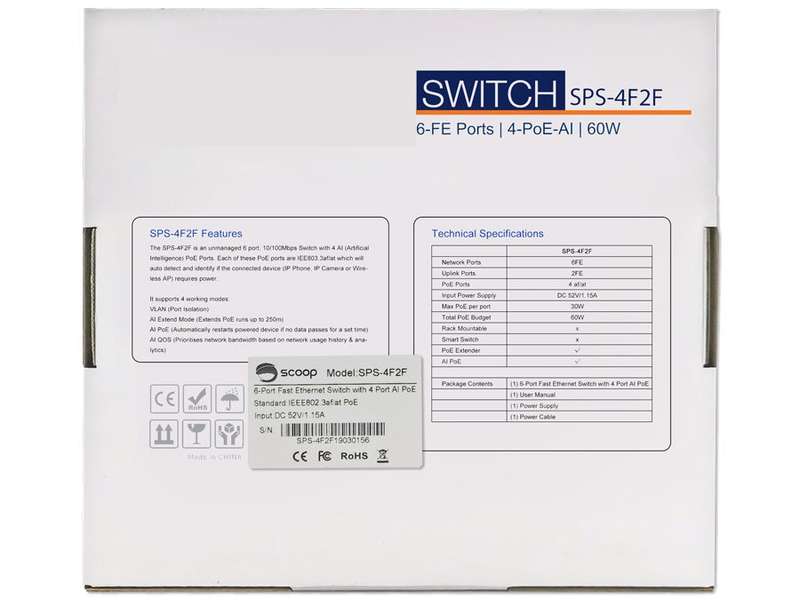 6 Port Fast Ethernet Switch with 4 AI PoE Ports and 2 FE Uplink