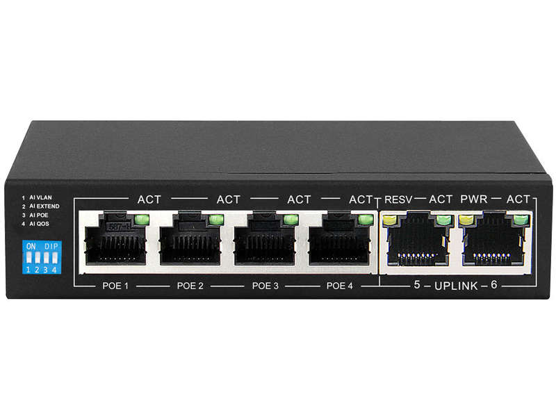 6 Port Fast Ethernet Switch with 4 AI PoE Ports and 2 FE Uplink