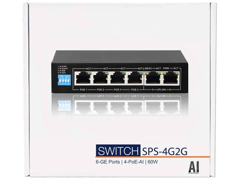 6 Port Gigabit Ethernet Switch with 4 AI PoE and 2 Uplink Ports
