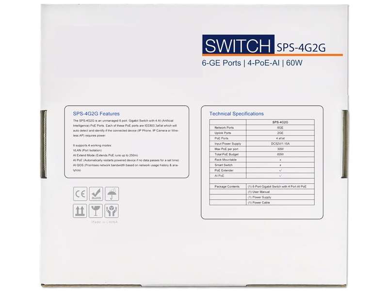 6 Port Gigabit Ethernet Switch with 4 AI PoE and 2 Uplink Ports