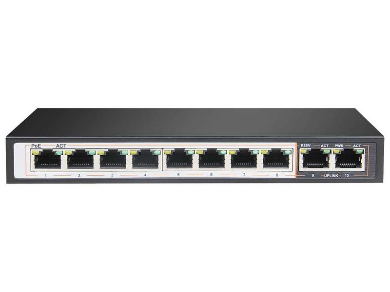8 Port Fast Ethernet Switch with 8 AI PoE Ports and 2 GE Uplink
