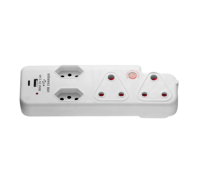 SWITCHED 3 PIN Adaptor-2x16A2X5A 3PIN Euro+Medium Surge+Type C+Type A