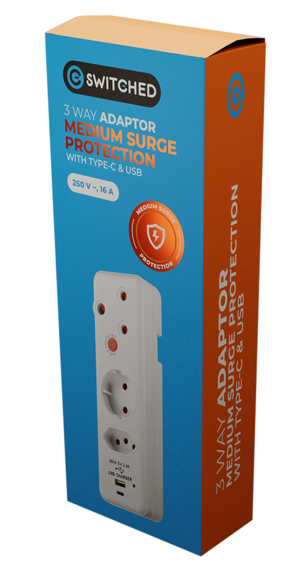 SWITCHED 3 PIN Adaptor -1x16A1X10A1x5A Euro 5V2.4A Type C + Type A Medium Surge